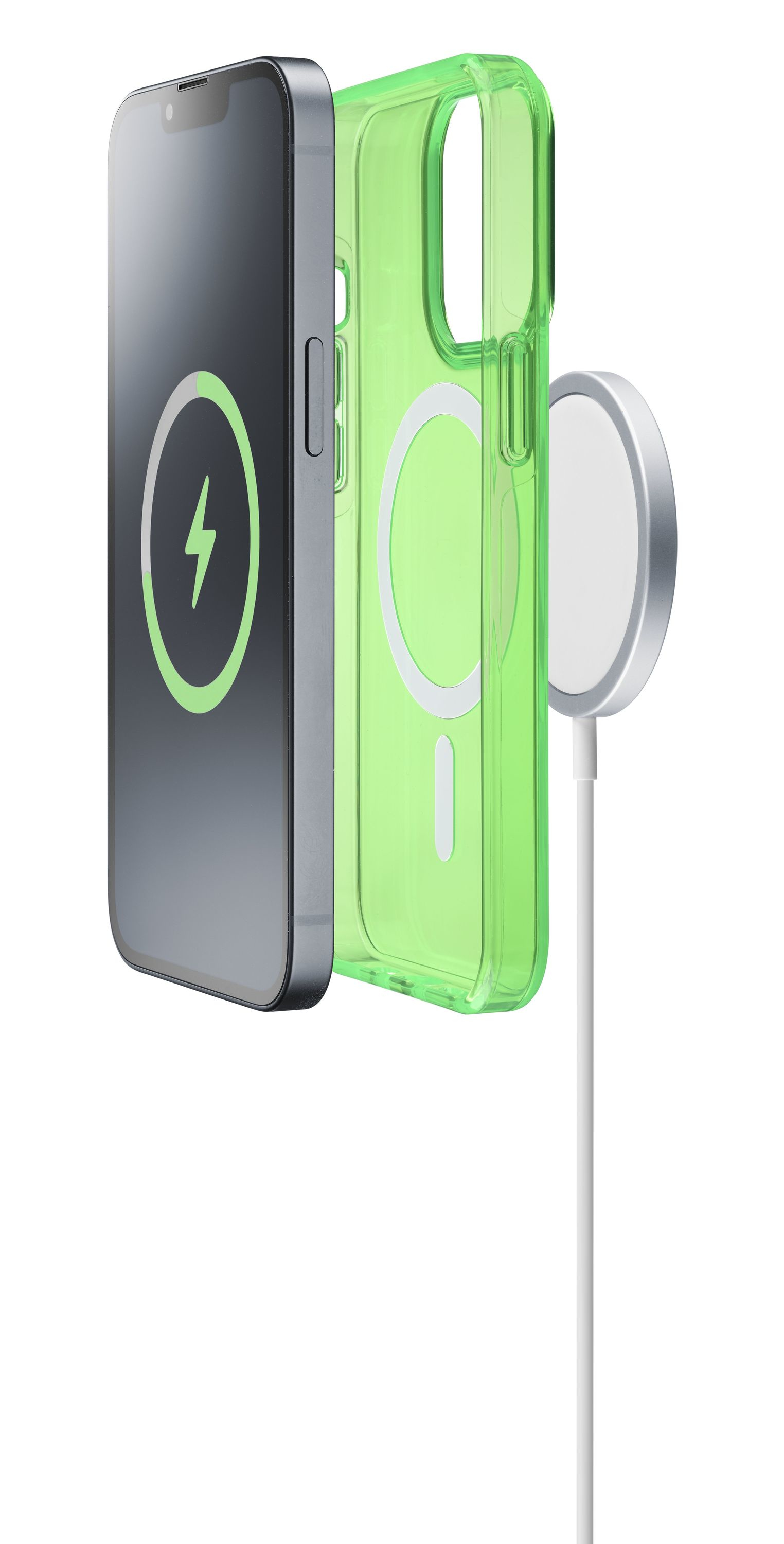 Un iPhone con schermo di ricarica verde, accanto a una custodia verde e un caricabatterie bianco.