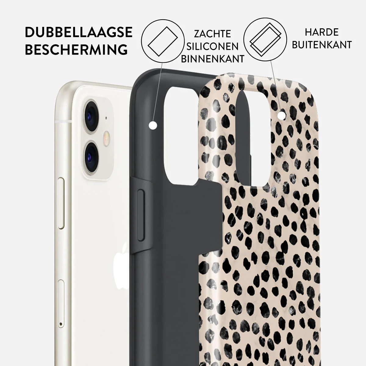 Phone case with cheetah print, double-layered protection. Features soft silicone inside and a hard outer edge. Phone partially visible.