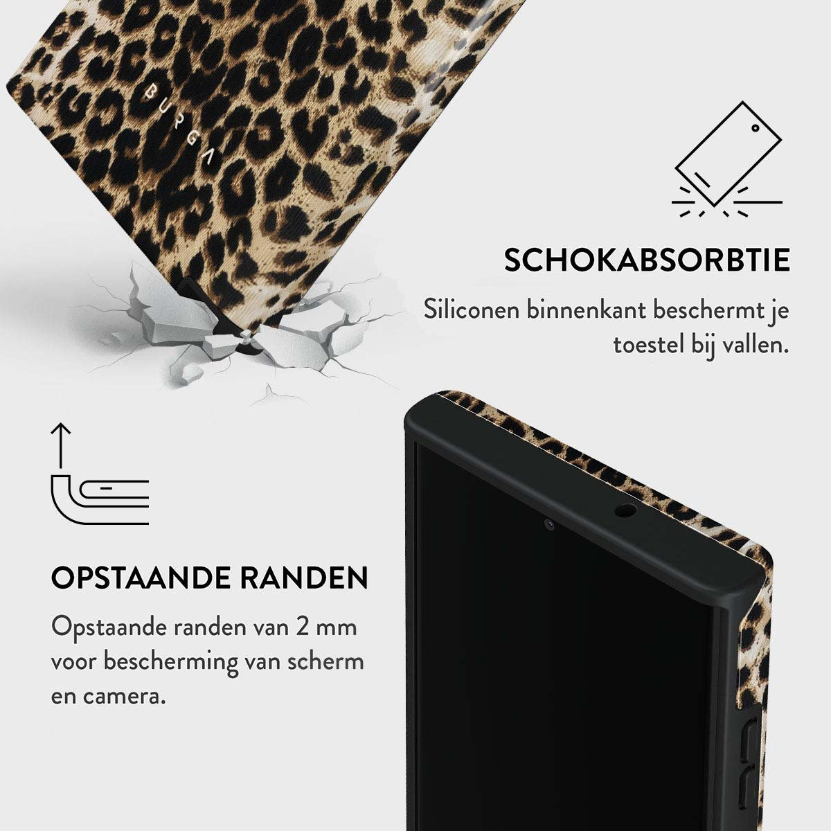 Custodia per telefono con stampa leopardata. Il testo mostra le caratteristiche: assorbimento degli urti e bordi rialzati.