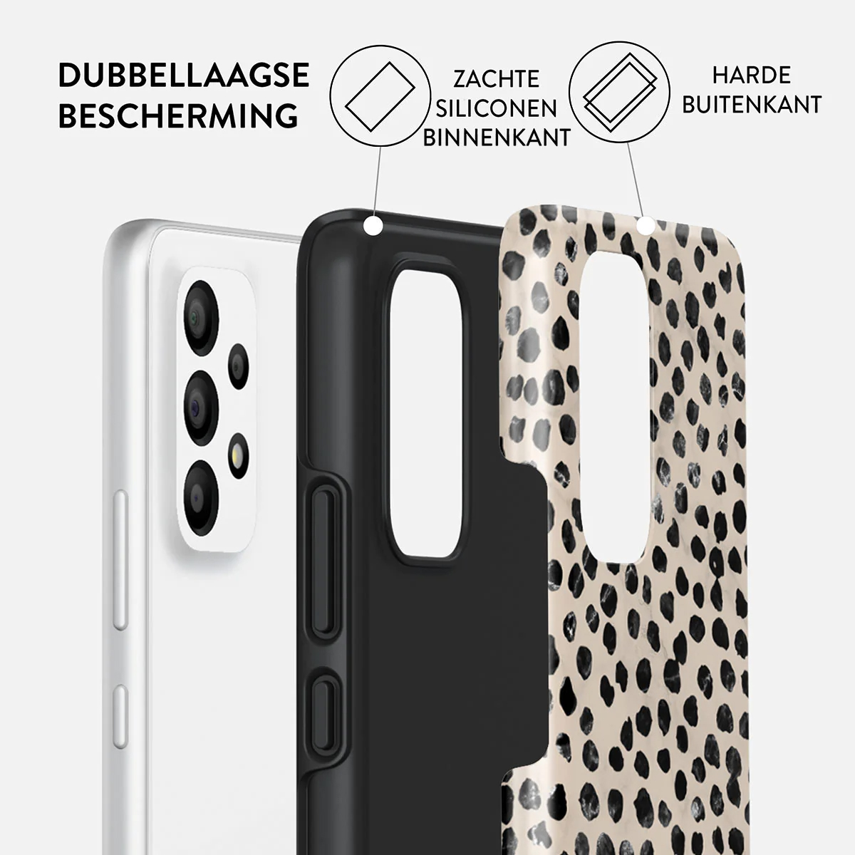 Telefoonhoesje met luipaardprint, zwart en wit. Toont gelaagde bescherming: zachte siliconen binnenkant, harde buitenkant en telefoon.