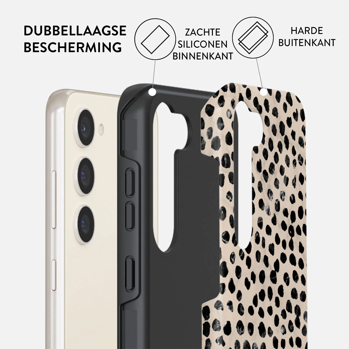 Telefoonhoes: telefoon, zwarte laag, dalmatiërprint hoes. Labels: dubbellaagse bescherming, zachte siliconen binnenkant, harde buitenkant.