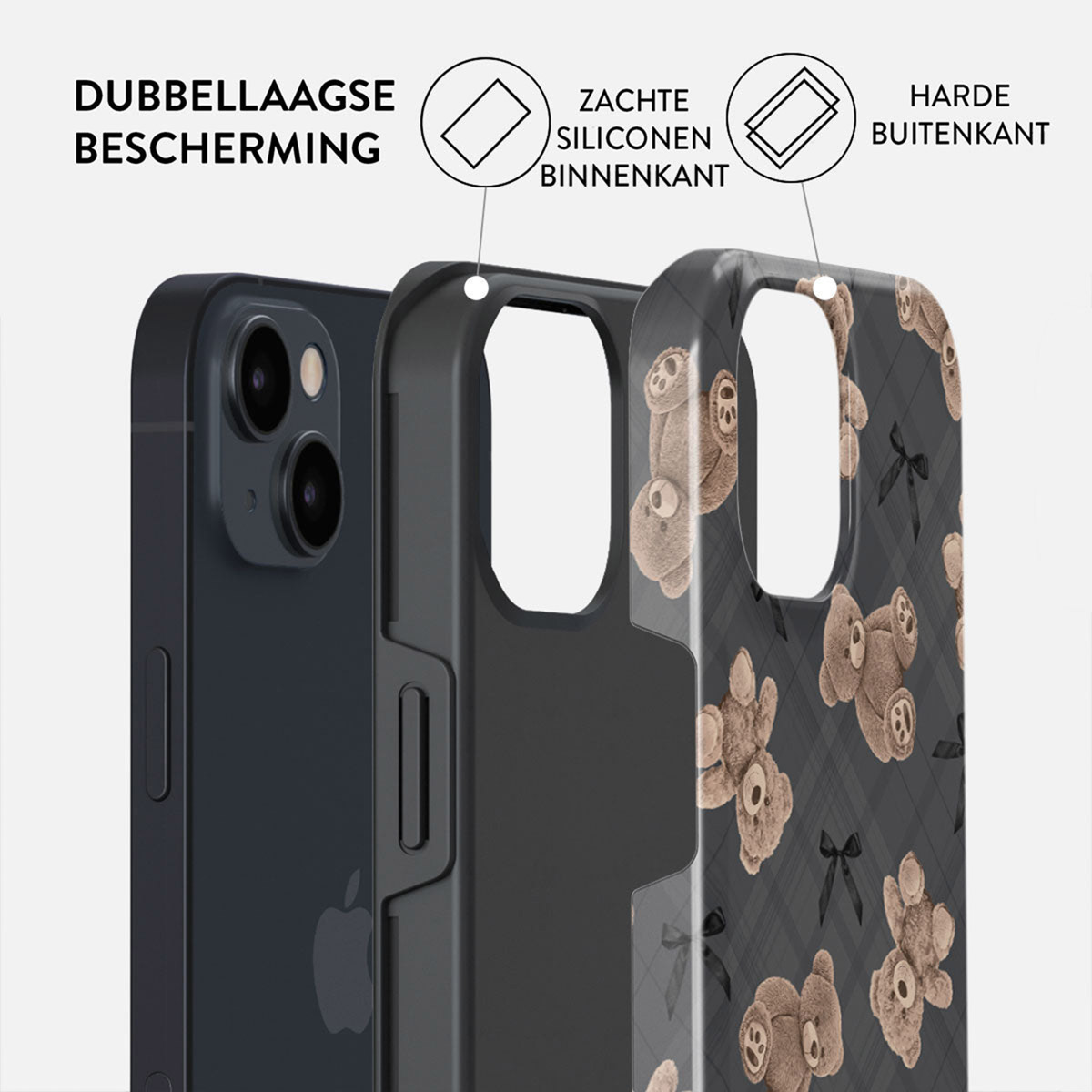 Een telefoonhoesje met een teddybeerpatroon. De hoes heeft drie lagen: een harde buitenlaag, een zachte siliconen binnenlaag en een telefoon.