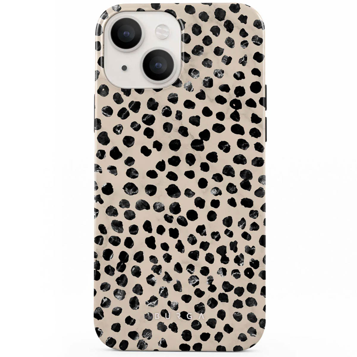 Een iPhone-hoesje met zwarte, onregelmatige vlekken op een beige achtergrond. De telefoon heeft een cameramodule.