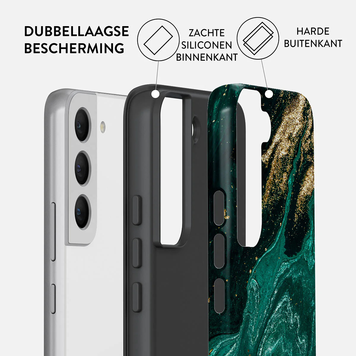 Een telefoon wordt getoond met een beschermhoesje. De hoes is zwart en de telefoon wit. De hoes heeft een groen en goud design.