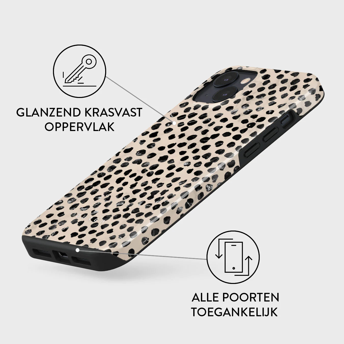 Een telefoonhoesje met een beige achtergrond en zwarte stippen. Tekst geeft een glanzend, krasbestendig oppervlak en toegankelijke poorten aan.