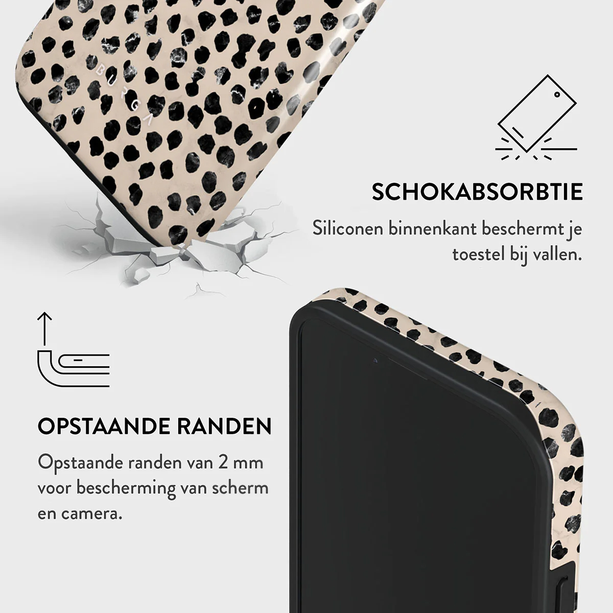 Telefoonhoesje met beige achtergrond en zwarte stippen. Tekst geeft schokabsorptie aan, opstaande randen voor scherm- en camerabescherming.