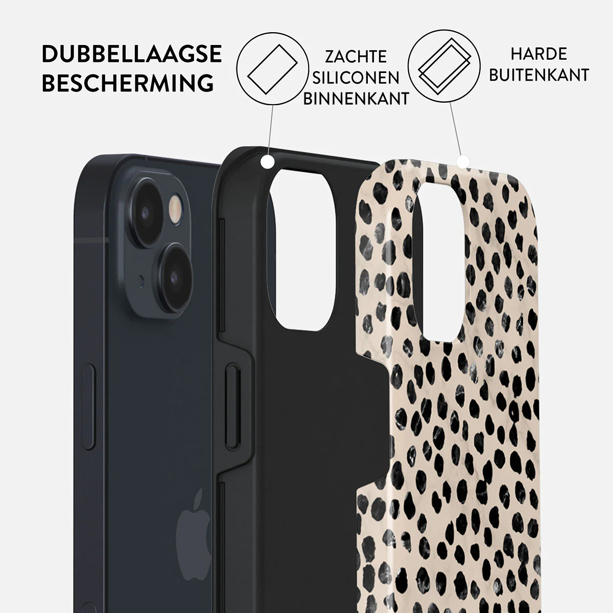 Close-up van een telefoon in een drielaagse hoes. De hoeslagen omvatten een zwart interieur, een gevlekt beige exterieur en een telefoon.