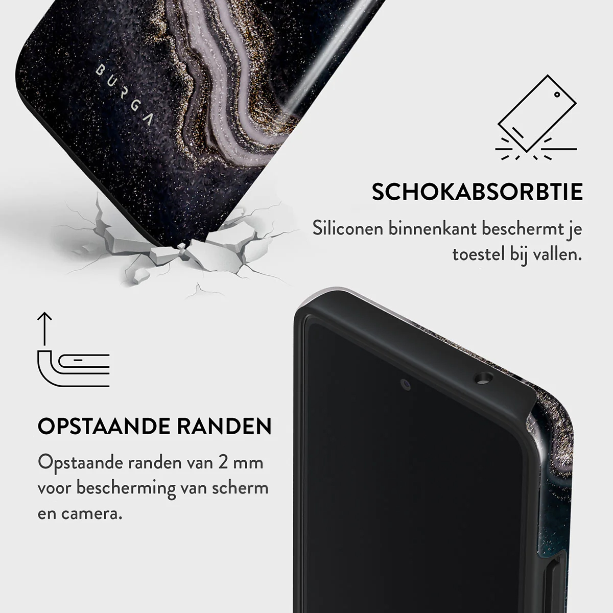 Une coque de téléphone avec un motif marbre noir et or, posée sur une surface avec effet fissuré, avec du texte sur la protection.