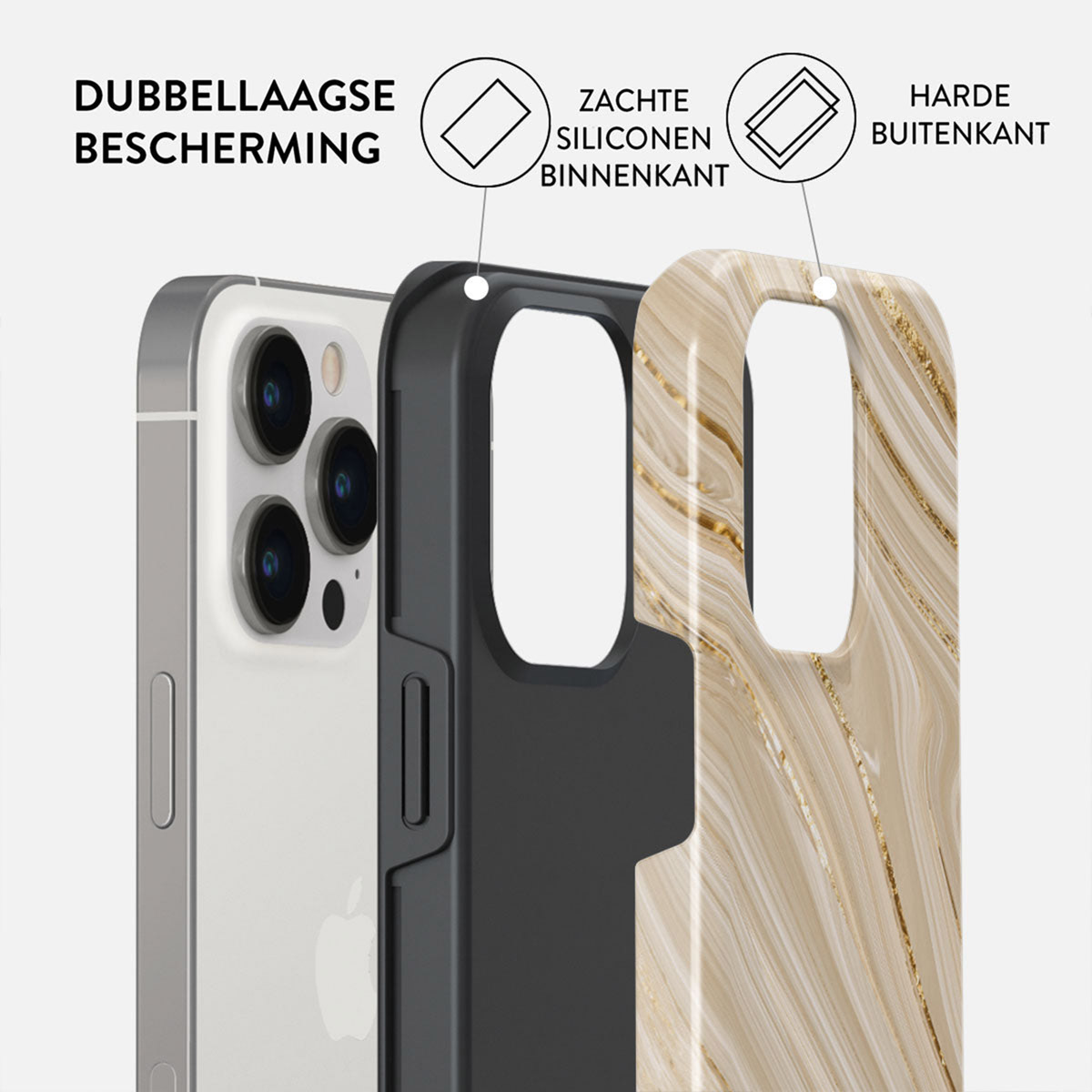 L'image montre un étui de téléphone avec une protection double couche. Une couche est en silicone souple, l'autre est dure. Le téléphone est visible à l'intérieur.