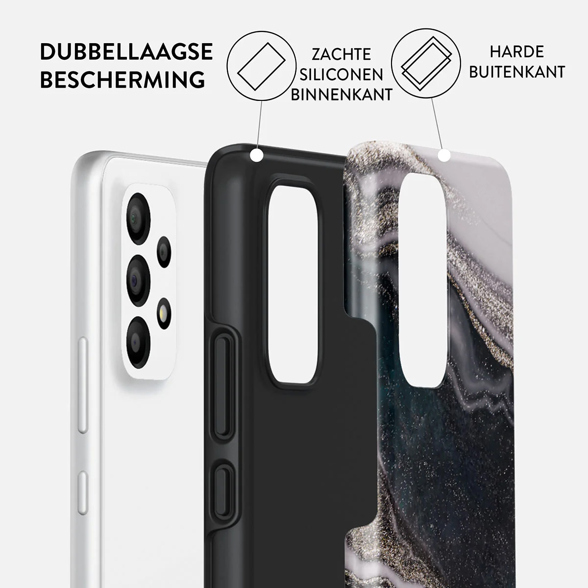 Couches de coque de téléphone. Téléphone blanc, cadre noir et couverture à motifs marbrés. Texte : protection double couche, intérieur en silicone souple, extérieur dur.