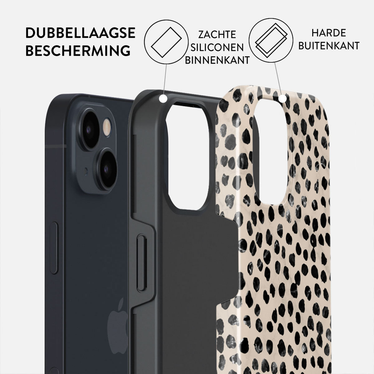 Close-up van een telefoonhoesje met een telefoon erin. Het heeft een gelaagd ontwerp, met een zachte binnenlaag en een harde buitenlaag.