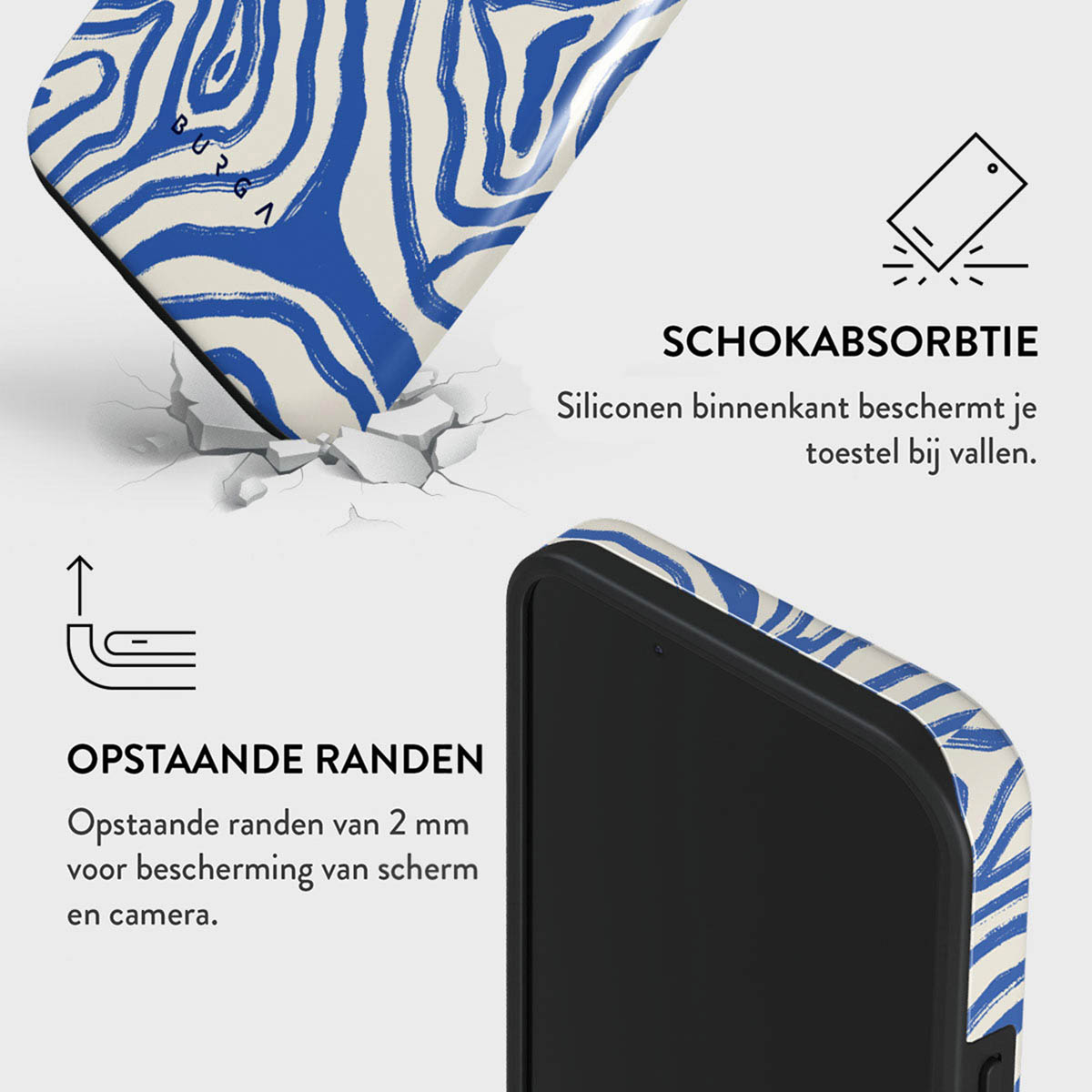 Une coque de téléphone avec un motif zébré bleu et crème est montrée, avec du texte décrivant des fonctionnalités telles que l'absorption des chocs et les bords surélevés.