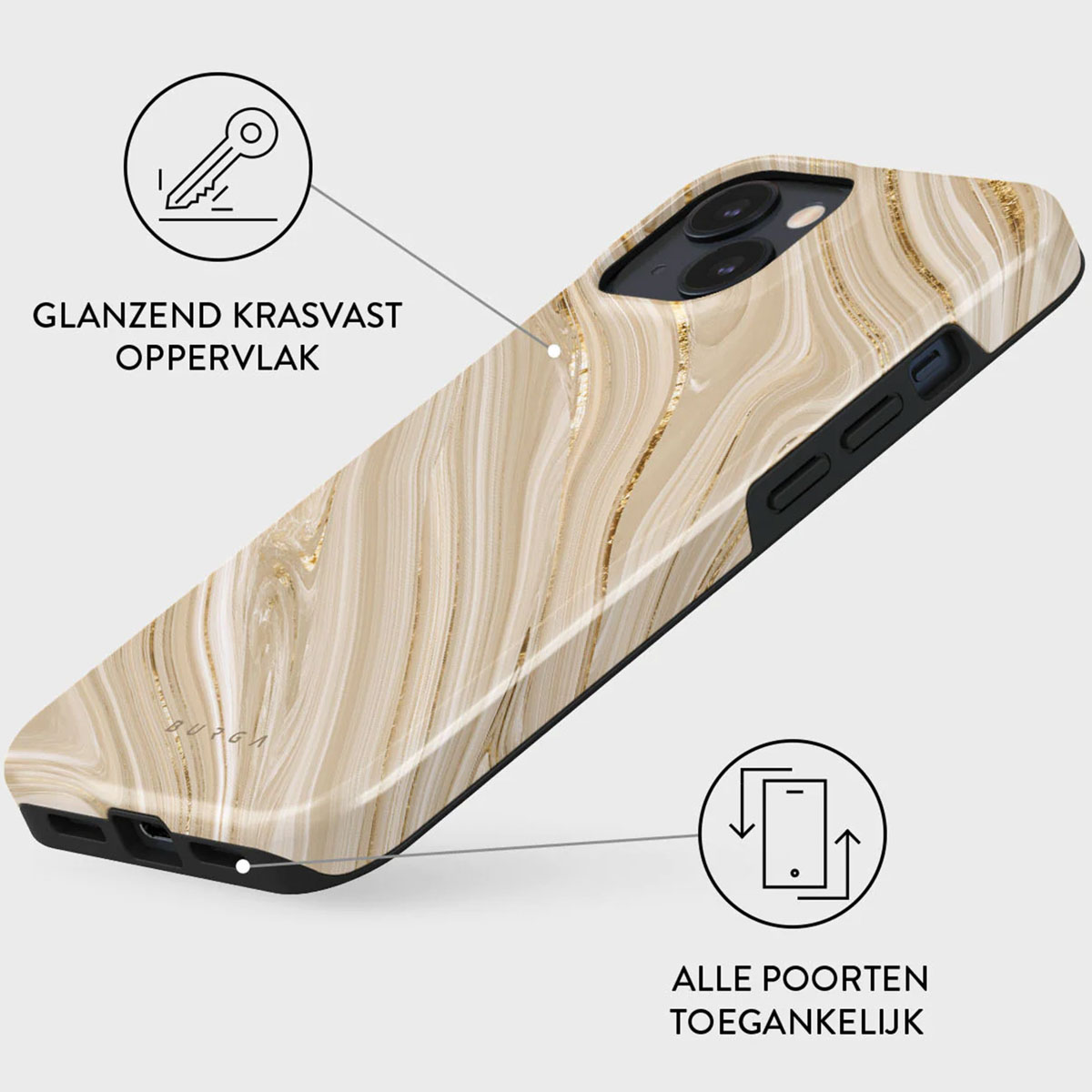 Phone case with a marble design, gold accents, and black edges. Features include scratch-resistant surface and accessible ports.