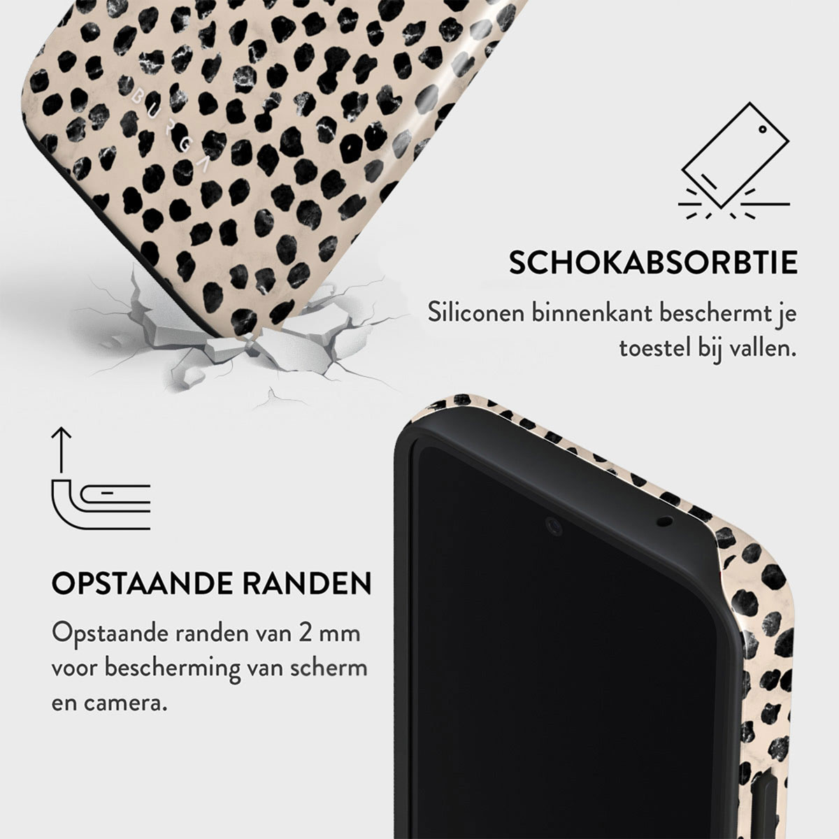 Een afbeelding toont een telefoonhoesje met zwarte stippen op een beige achtergrond. Tekst vermeldt schokabsorptie en verhoogde randen ter bescherming van scherm en camera.