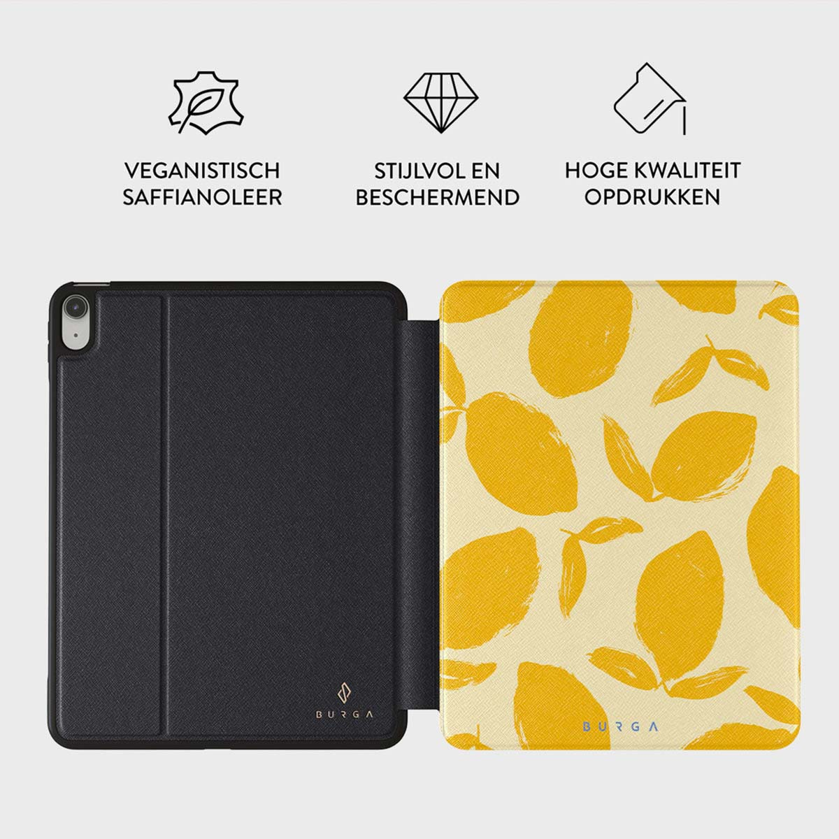 An open tablet case with a black leather cover and a yellow lemon pattern on the inside. Above are icons and text.