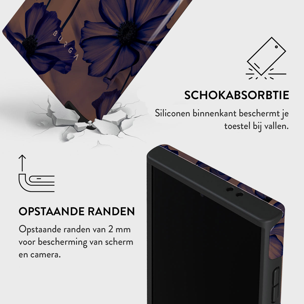 Custodia per telefono con design floreale. La custodia è mostrata su uno sfondo incrinato, con testo in olandese e un telefono.