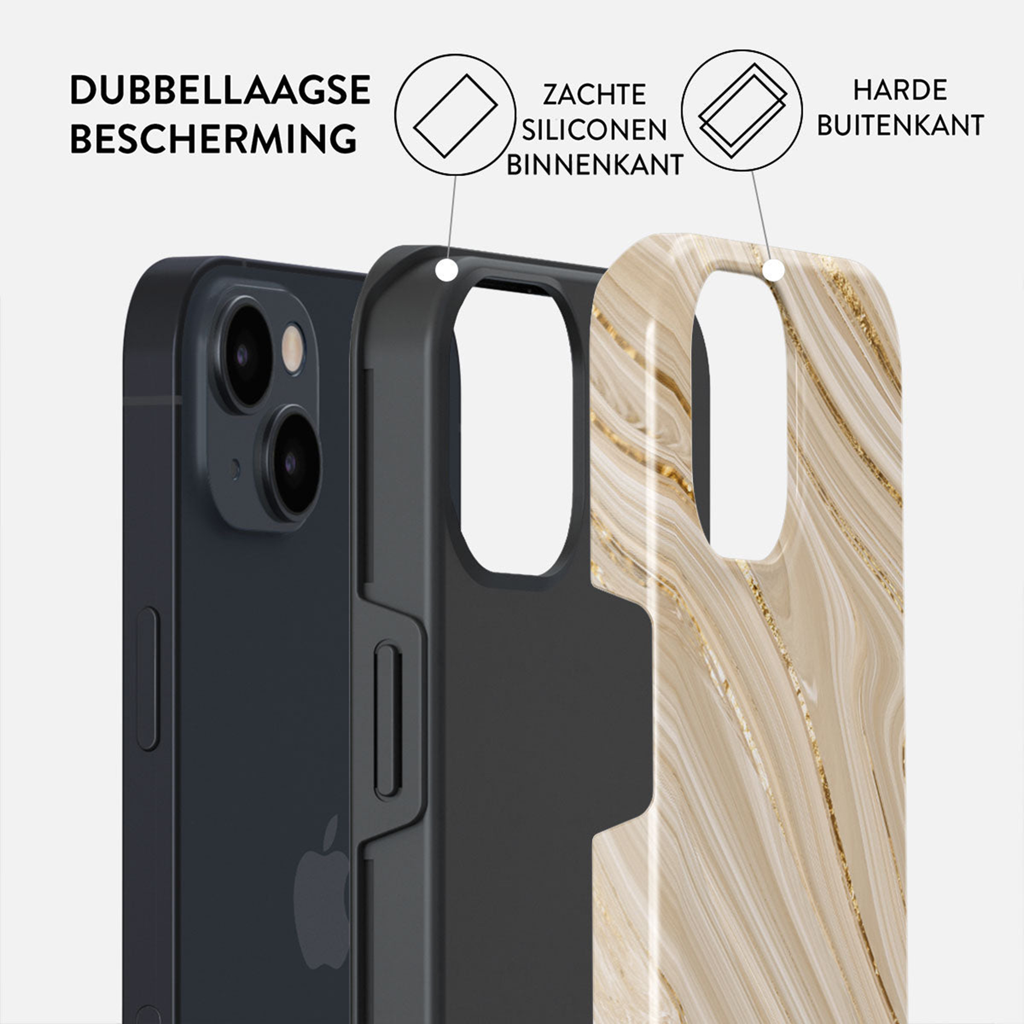 Schwarzes iPhone neben einer Handyhülle, die Schichten zeigt: weiches Silikon innen und harte Außenseite. Text: Doppelschichtschutz.