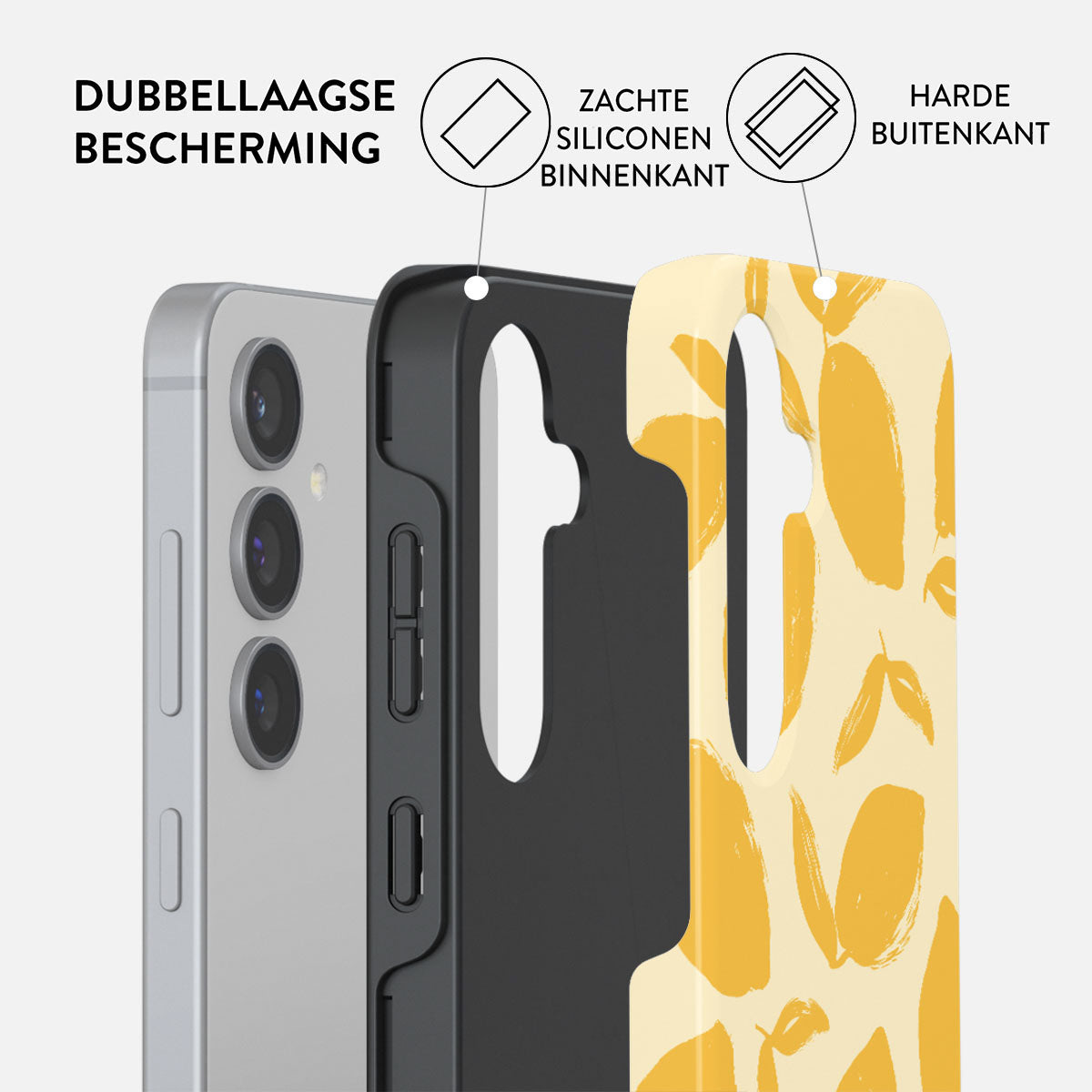 Een telefoon met een hoesje dat de dubbellaagse bescherming laat zien. De hoes heeft een zwarte siliconen binnenlaag en een harde buitenlaag met geel bladerdesign.