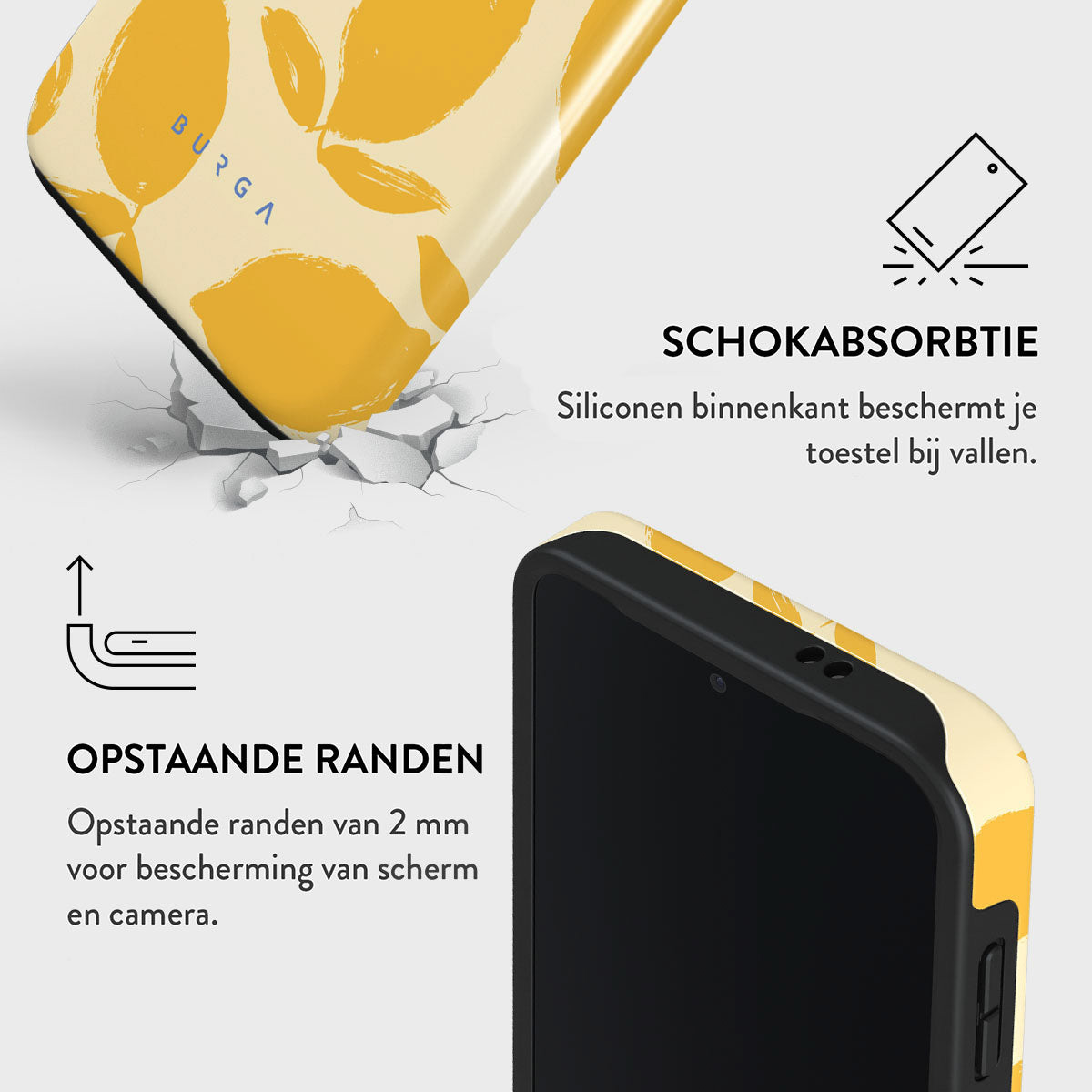 Telefoonhoesje met geel citroenontwerp. De hoes beschermt een telefoon. Tekst geeft schokabsorptie en verhoogde randen aan.