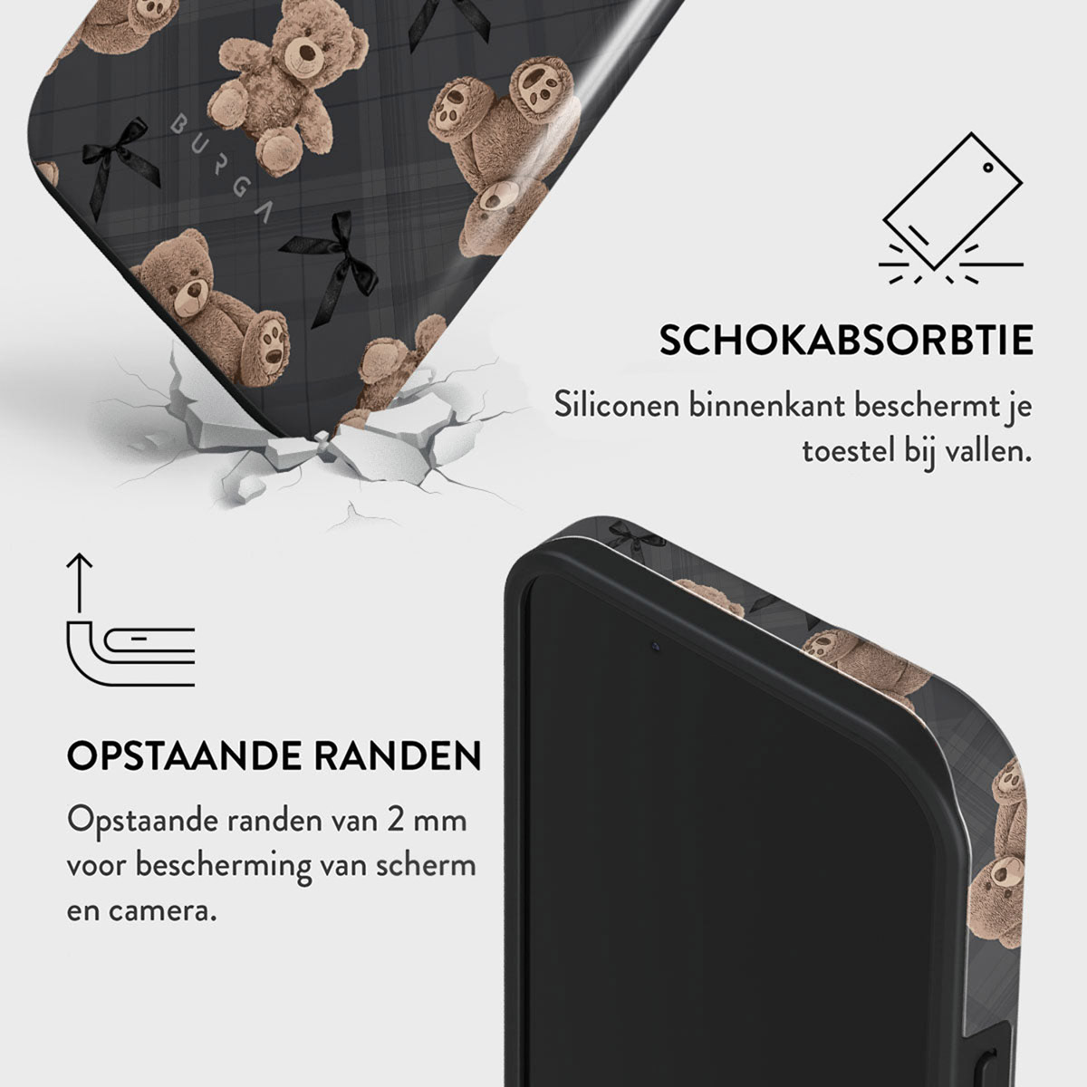 Telefoonhoesje met teddybeerpatroon. Het is gebroken afgebeeld. Tekst: schokabsorptie en verhoogde randen.