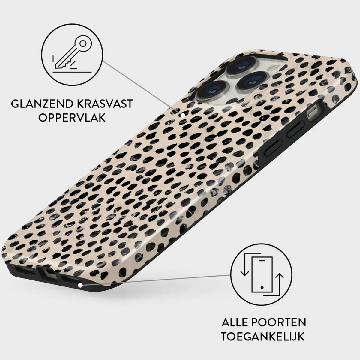 Telefoonhoesje met een stippenpatroon op een beige achtergrond. De hoes heeft een glanzend, krasbestendig oppervlak. Alle poorten zijn toegankelijk.