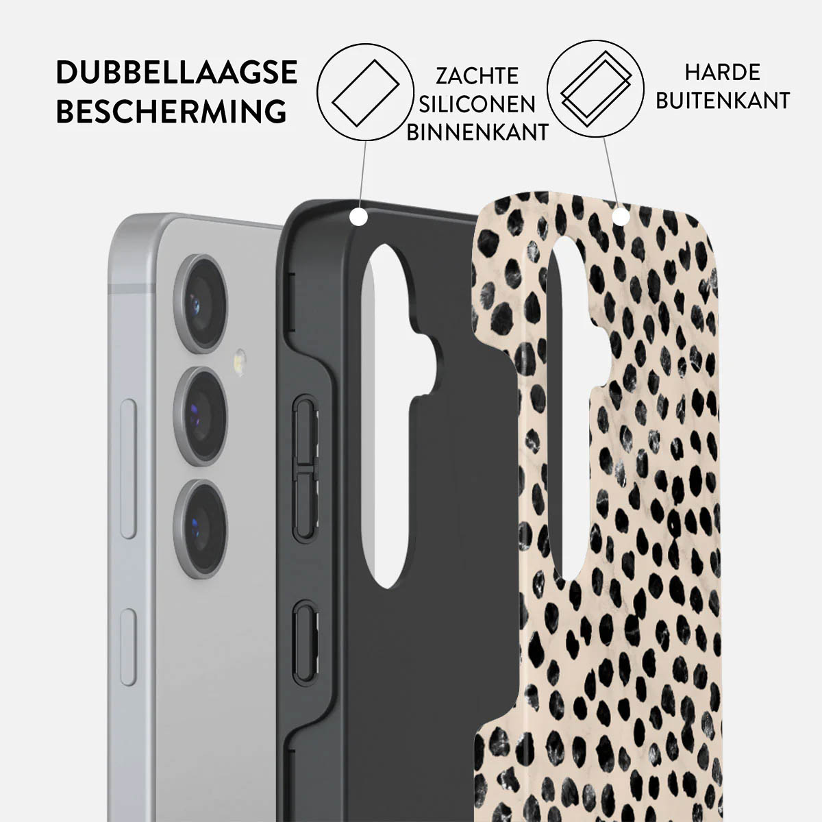 Téléphone avec coque double couche. L'étui a un intérieur noir et un extérieur à motifs avec des taches noires sur fond beige.