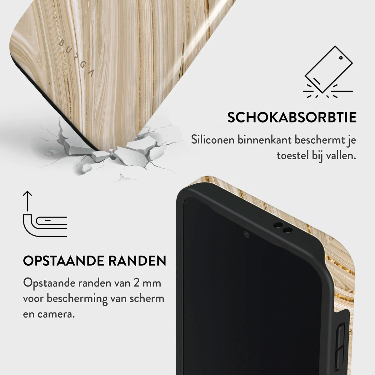 Una custodia per telefono con design simile al legno, un telefono e testo sull'assorbimento degli urti e bordi rialzati per proteggere schermo e fotocamera.