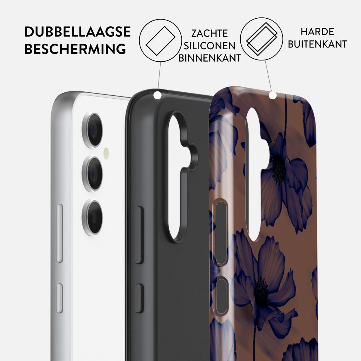 Een telefoonhoesje met lagen. De binnenste laag is zwart en de buitenste bloemen. Tekst luidt: dubbellaagse bescherming.