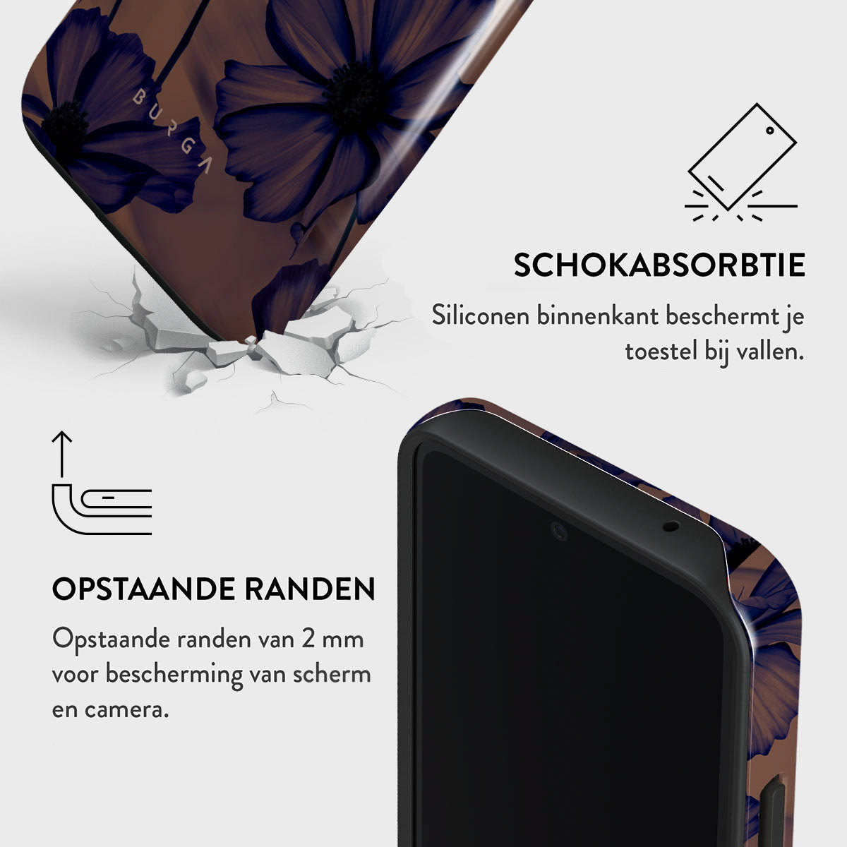 Telefoonhoesje met bloemenmotief, bruin en blauw. Tekst geeft schokabsorptie en verhoogde randen voor scherm en camera aan.