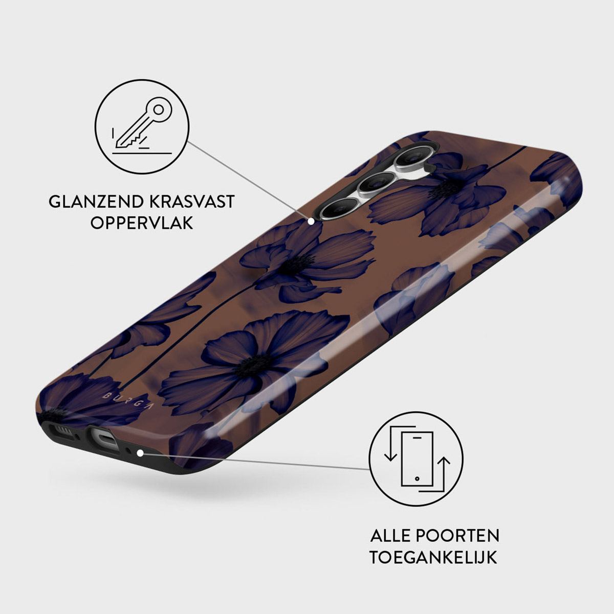 Een telefoonhoesje met een bloemenpatroon in donkerblauw op een bruine achtergrond. Tekst in het Nederlands. Sleutel- en telefooniconen aanwezig.
