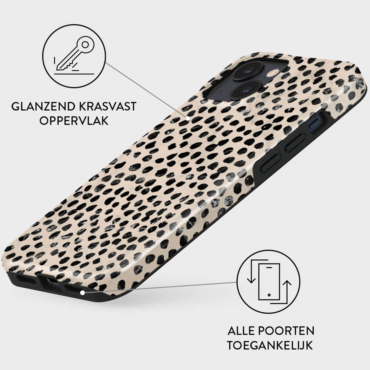 A phone case with a beige background and black dots. It has a shiny, scratch-resistant surface and accessible ports.