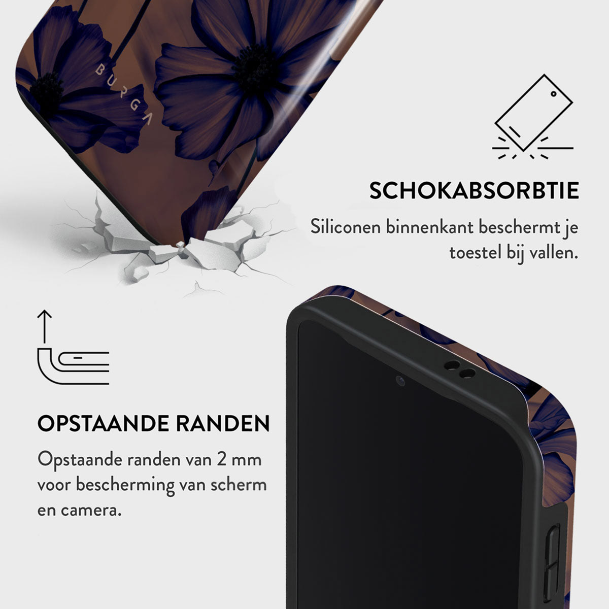 Un étui de téléphone avec un motif floral est présenté, mettant en valeur ses caractéristiques protectrices et les bords surélevés.