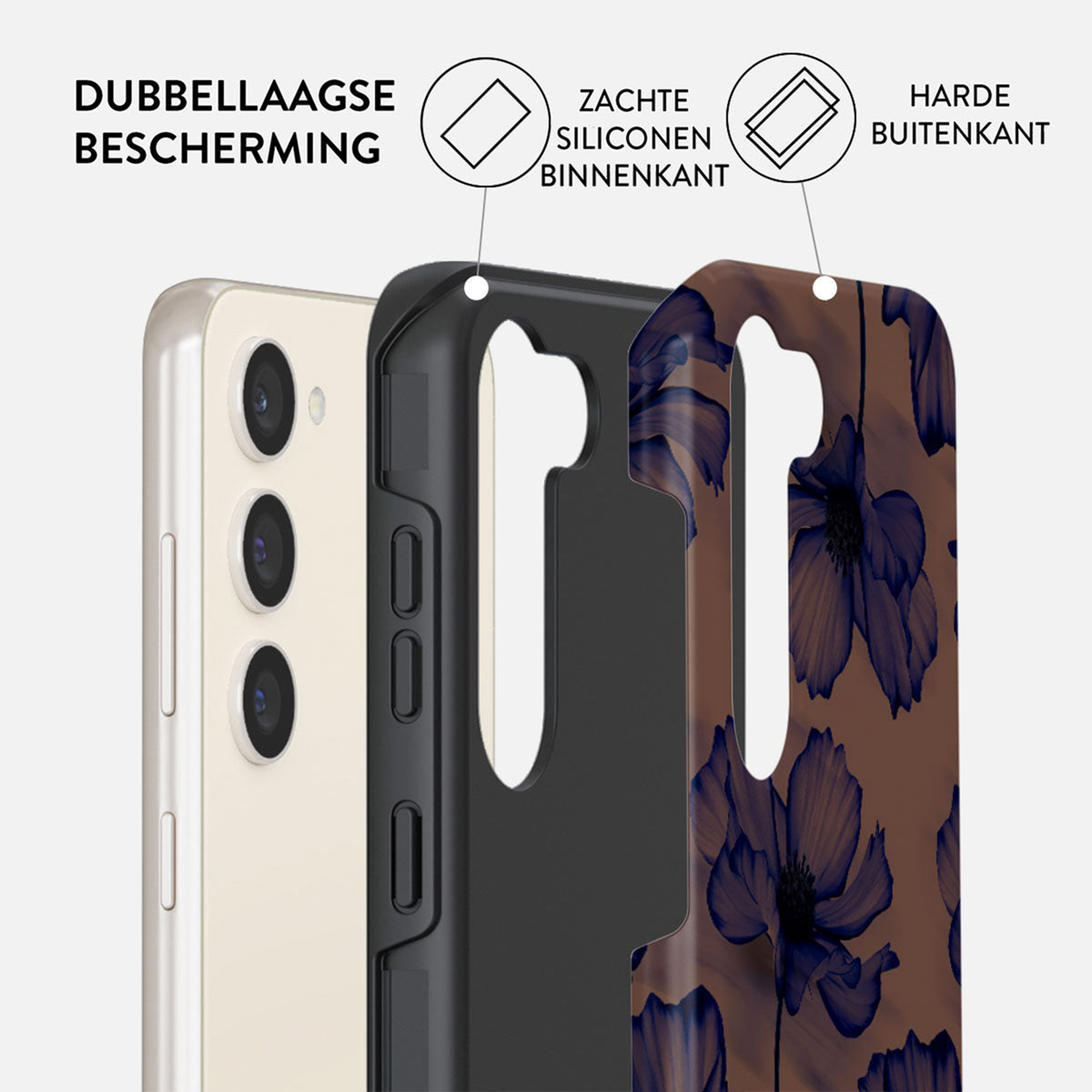 Een telefoon met een beschermhoesje. De hoes heeft een bloemenpatroon met blauwe bloemen op een bruine achtergrond. De telefoon is lichtbeige.