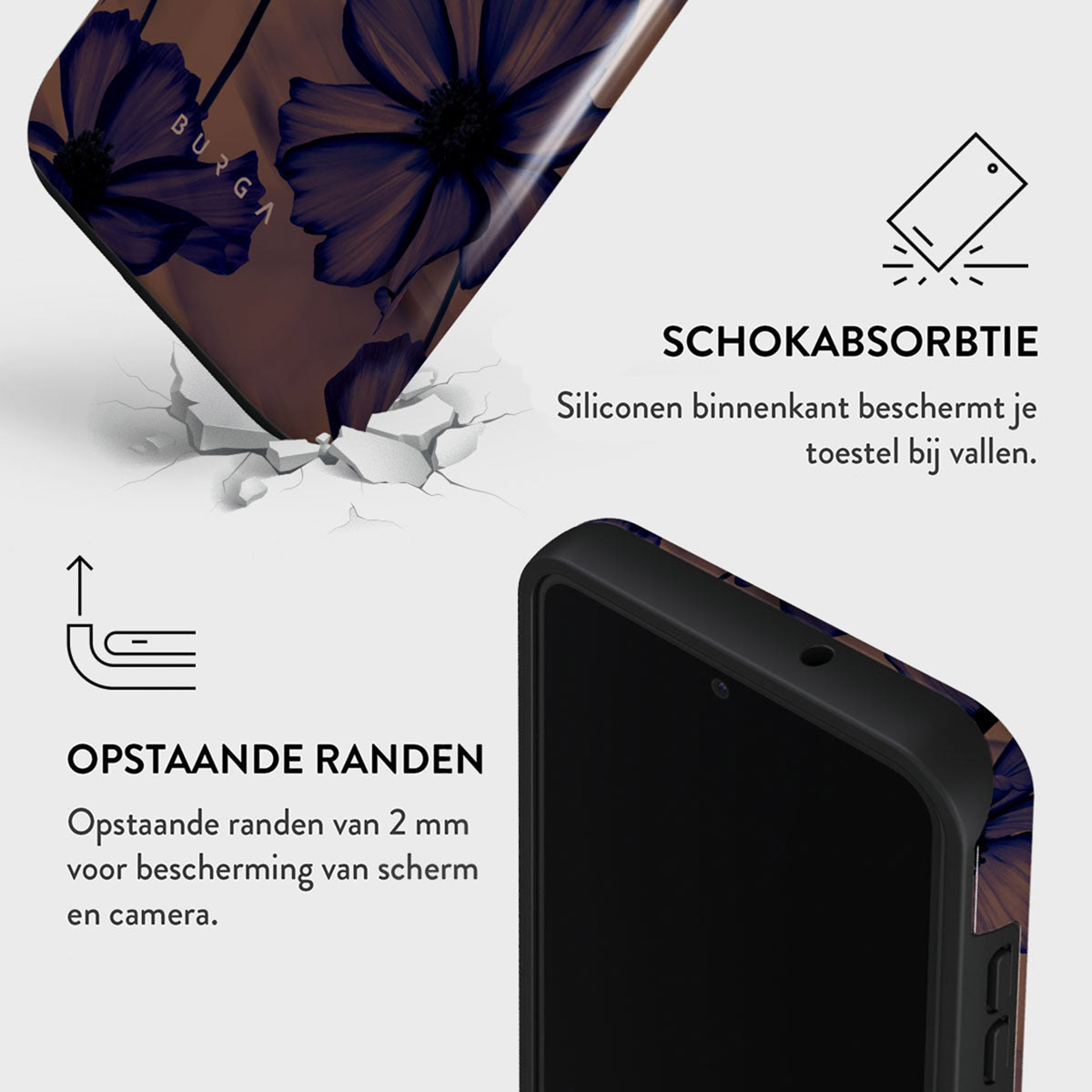 Telefoonhoesje met bloemmotief. Tekst benadrukt schokabsorptie en verhoogde randen voor scherm- en camerabescherming.