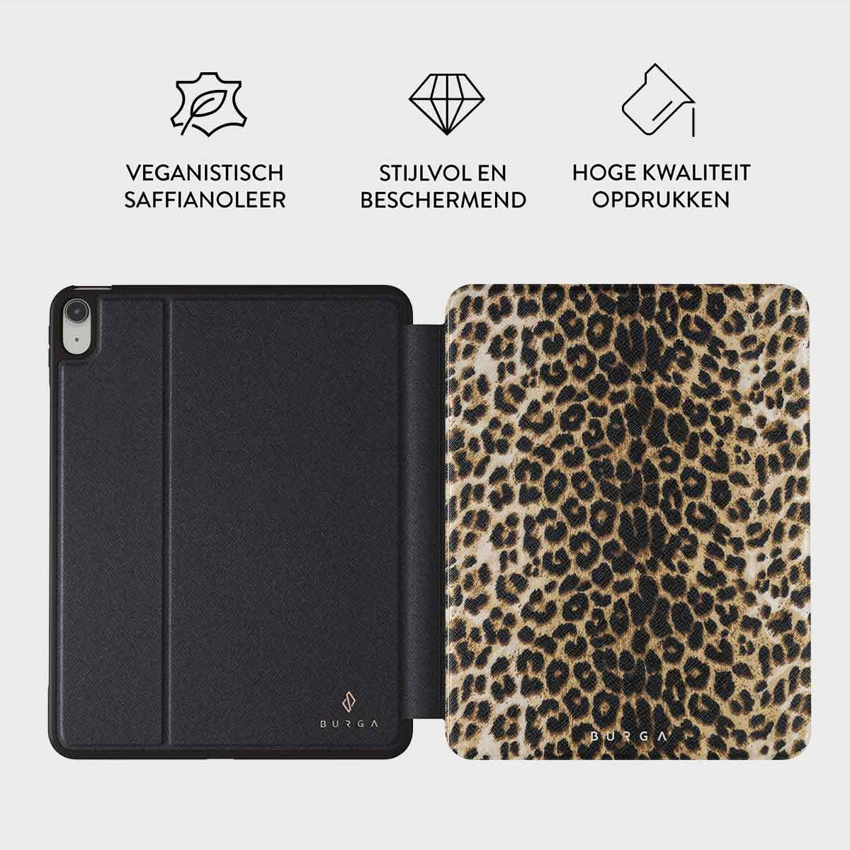An open tablet case. The left side is black. The right side has a leopard print design. Text above describes the case features.