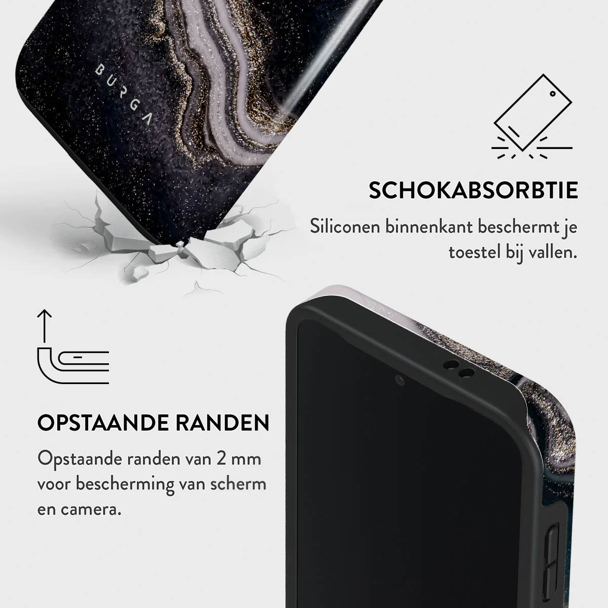 Un étui de téléphone avec un design noir et doré est présenté, avec du texte décrivant l'absorption des chocs et les bords surélevés.