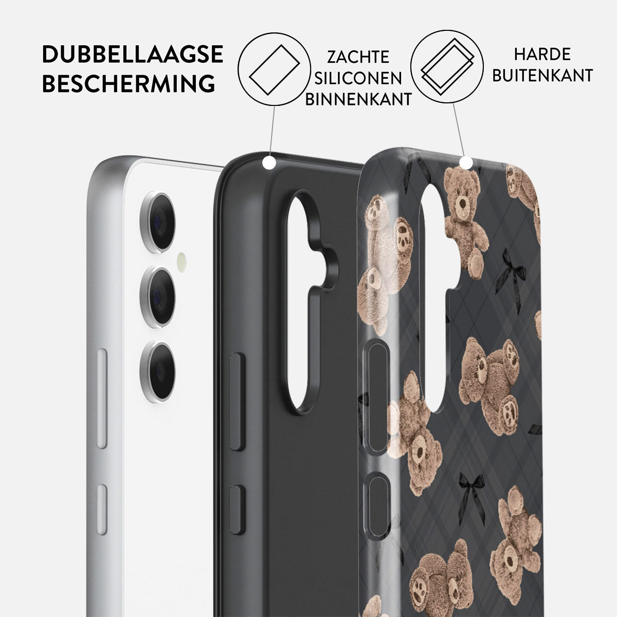 Een telefoonhoesje met teddybeerpatroon. De lagen van de hoes omvatten een zachte siliconen binnenkant en een harde buitenkant.