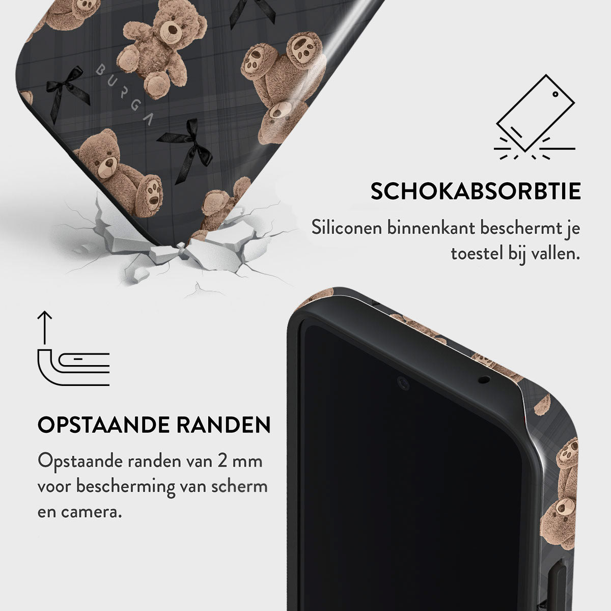 Een telefoonhoesje met teddyberen en zwarte strikken. De tekst luidt 'SCHOKABSORBTIE' en 'OPSTAANDE RANDEN'. Een telefoon is gedeeltelijk zichtbaar.