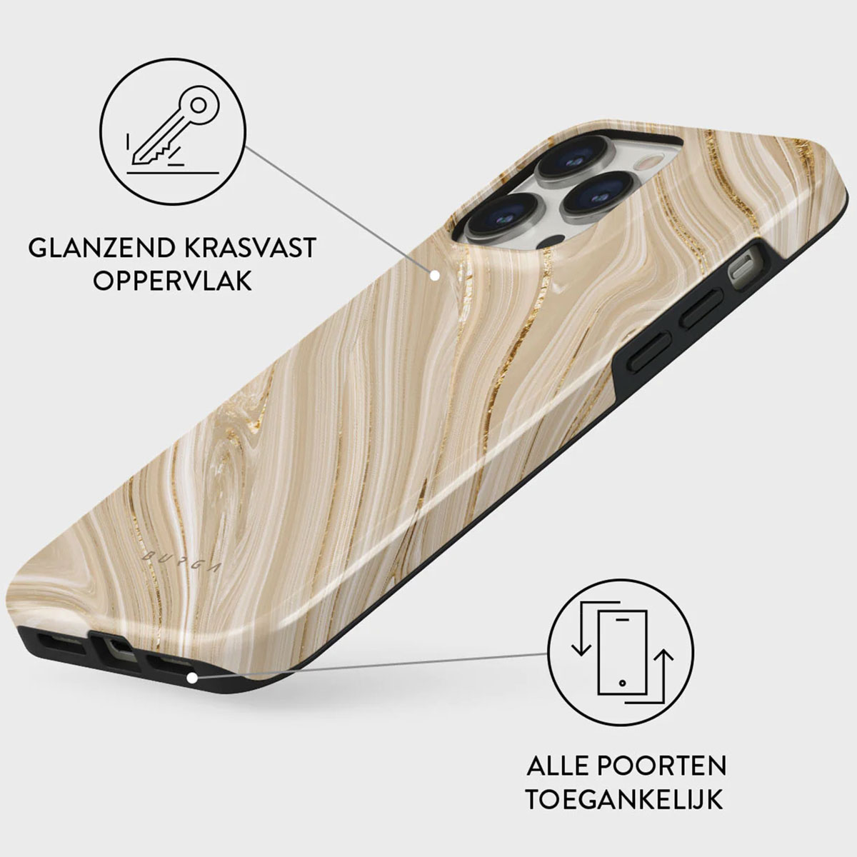 Coque de téléphone avec un design en marbre. Elle est de couleur blanche et dorée. Elle est résistante aux rayures. Tous les ports sont accessibles.