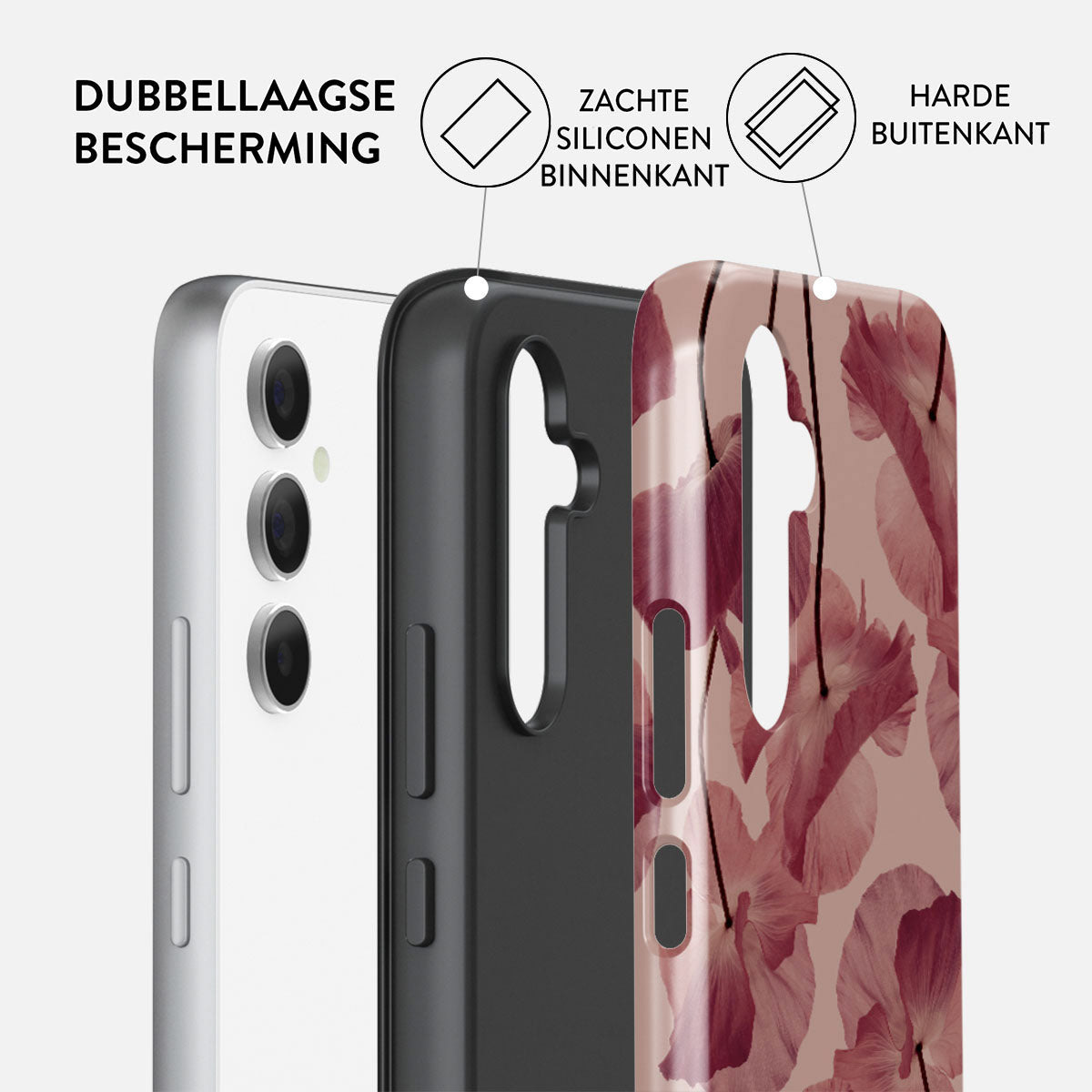Une coque de téléphone présentant une protection double couche : intérieur en silicone souple et extérieur dur. La coque a un motif floral et est composée de trois parties.