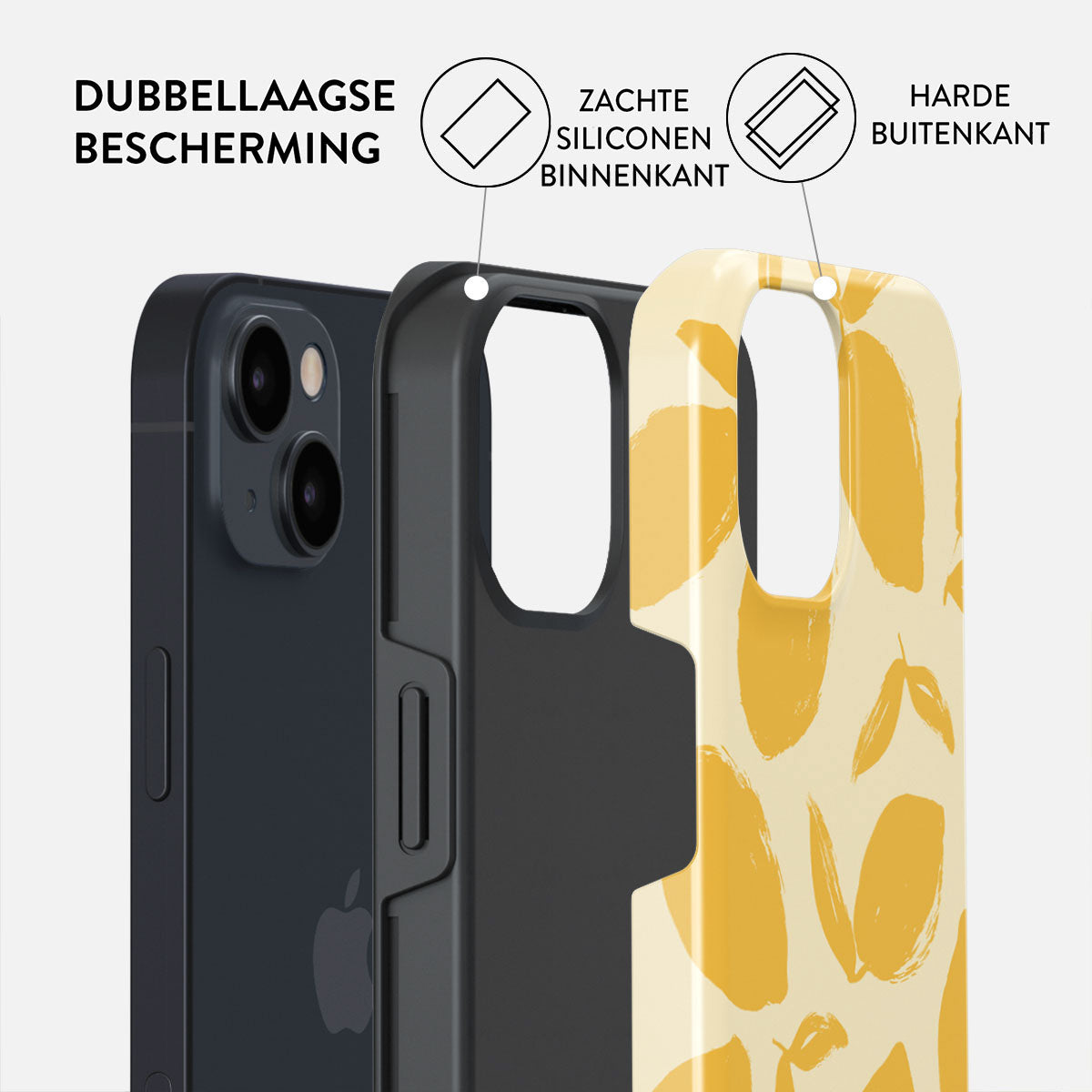Image of a phone case with three layers. The case is black, with a yellow pattern and a protective layer. Labels indicate 'soft silicone inner'.