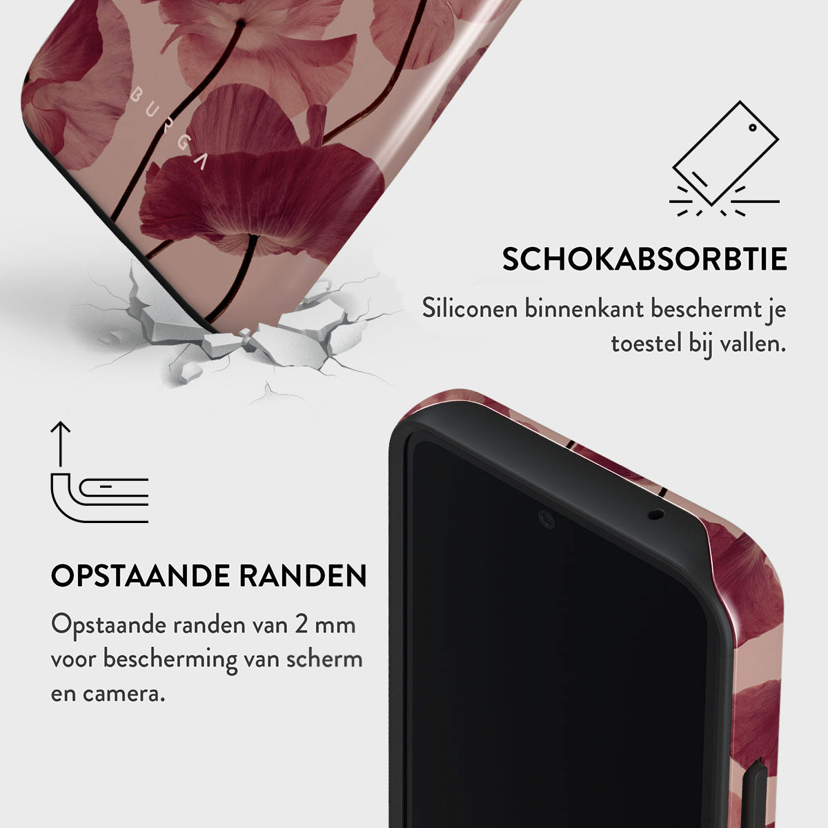 Coque de téléphone avec motif floral, à côté d'un téléphone. Texte : absorption des chocs, bords surélevés pour protéger l'écran et l'appareil photo.