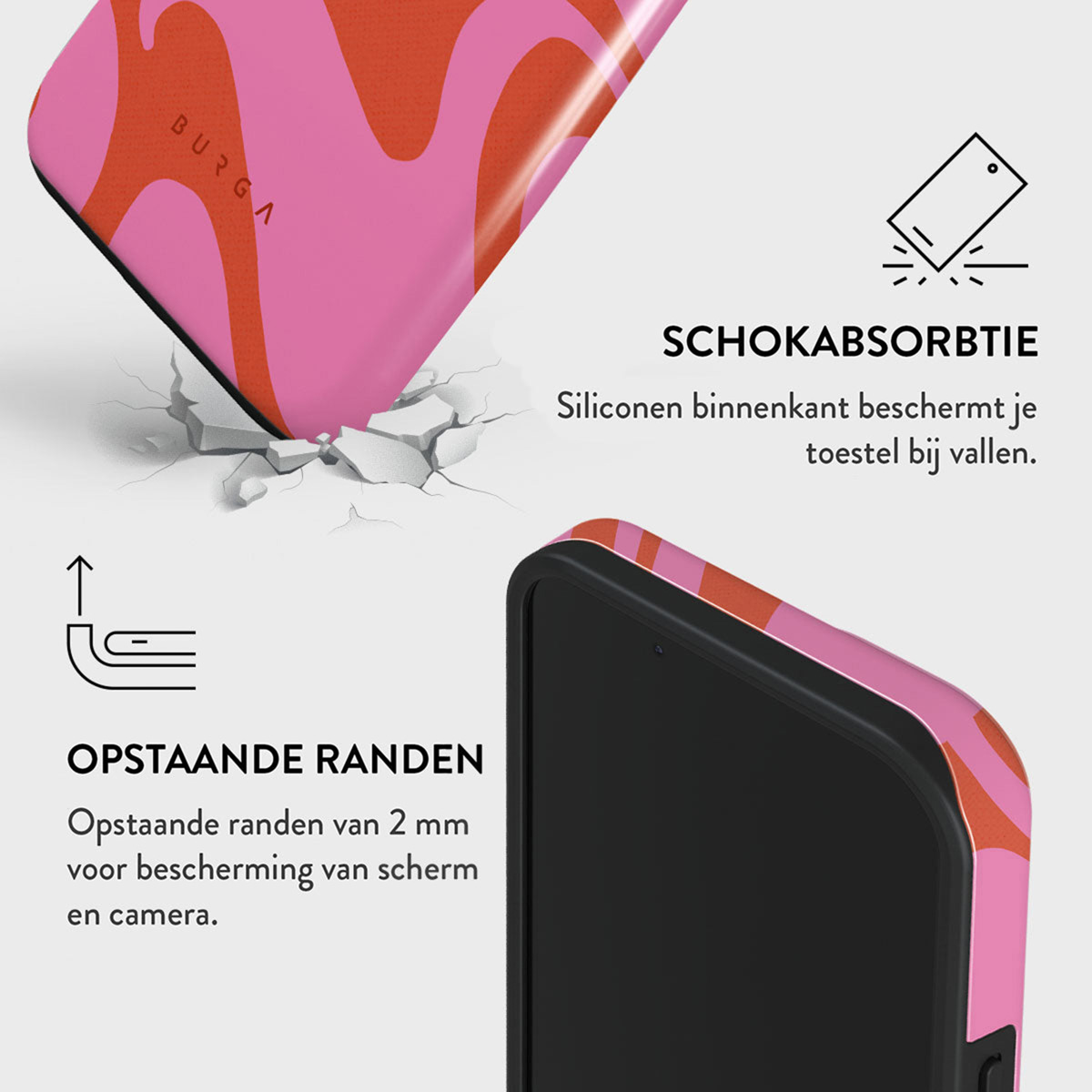Een telefoonhoesje met roze en oranje design. De hoes is schuin met de telefoon erin. Tekst beschrijft functies zoals verhoogde randen en schokabsorptie.