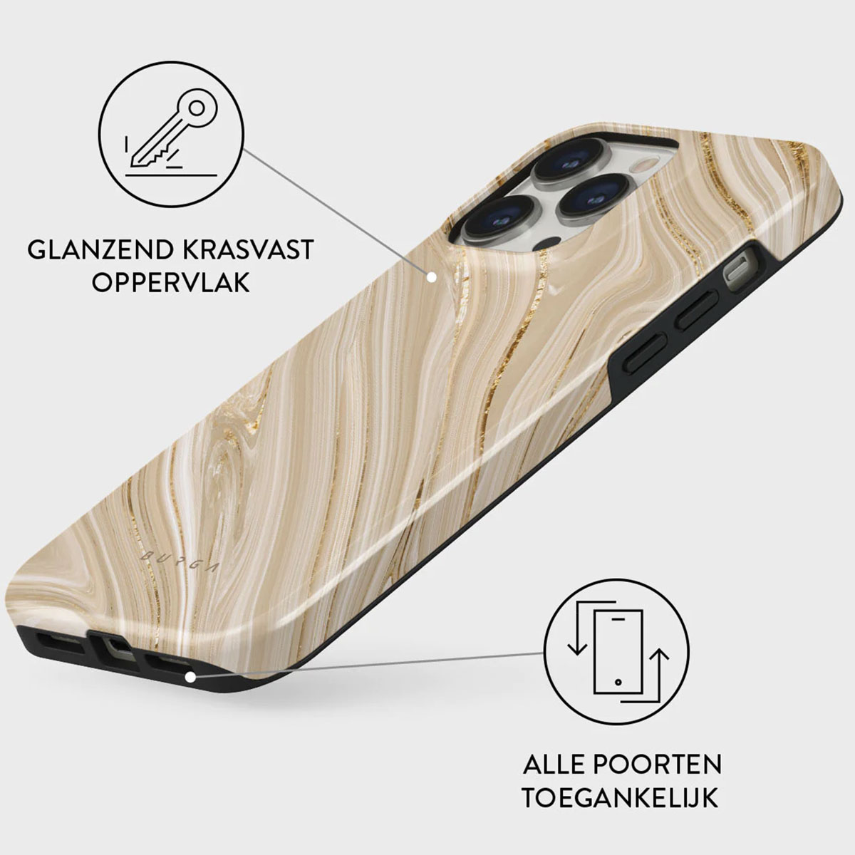 Une coque de téléphone avec un design en marbre. La coque est beige clair avec des veines dorées. Le texte dit 'glanzend krasvast oppervlak' et 'alle poorten toegankelijk'.