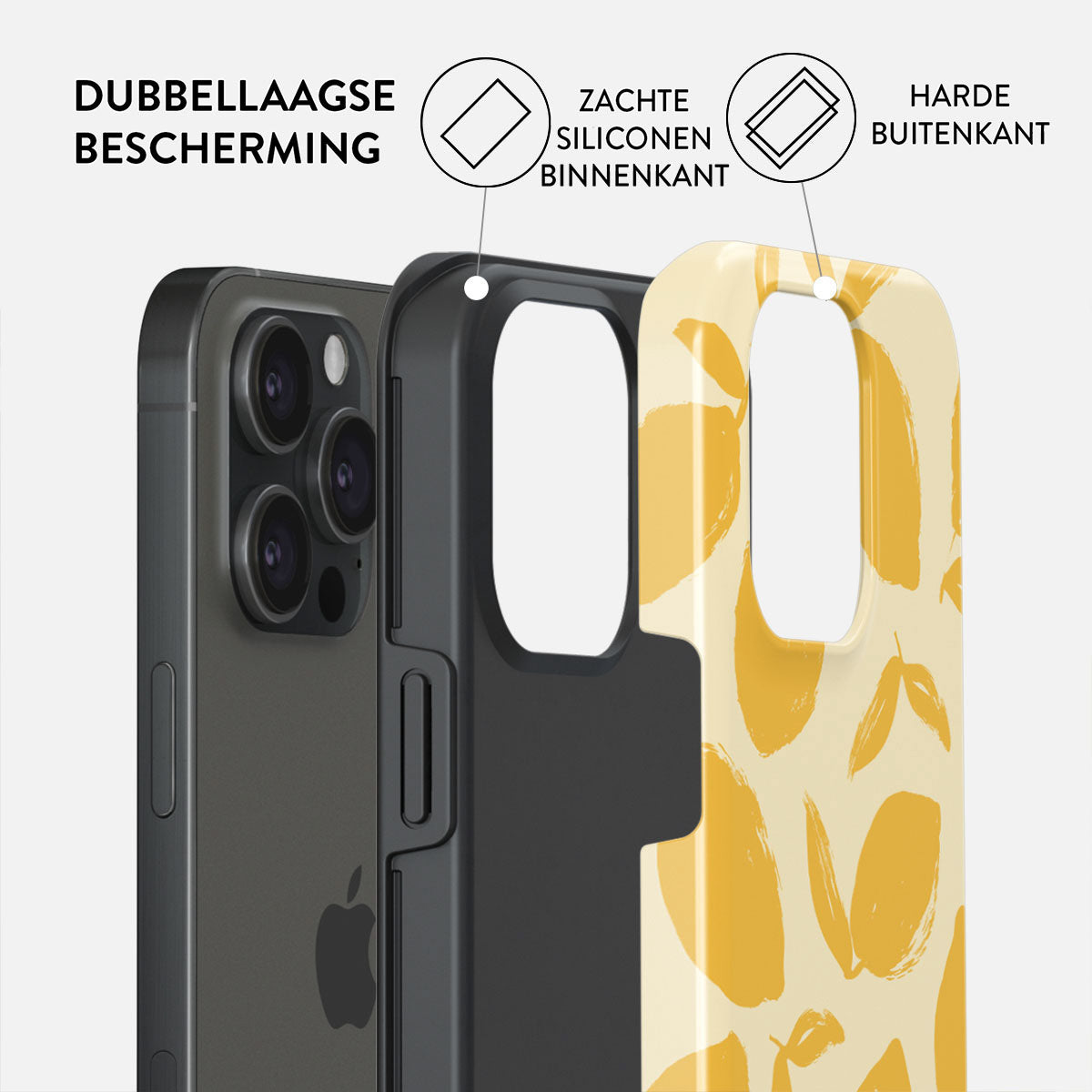 Couches de coque de téléphone. Un téléphone est partiellement visible. La coque a une couche interne noire et une couche externe jaune à motifs.