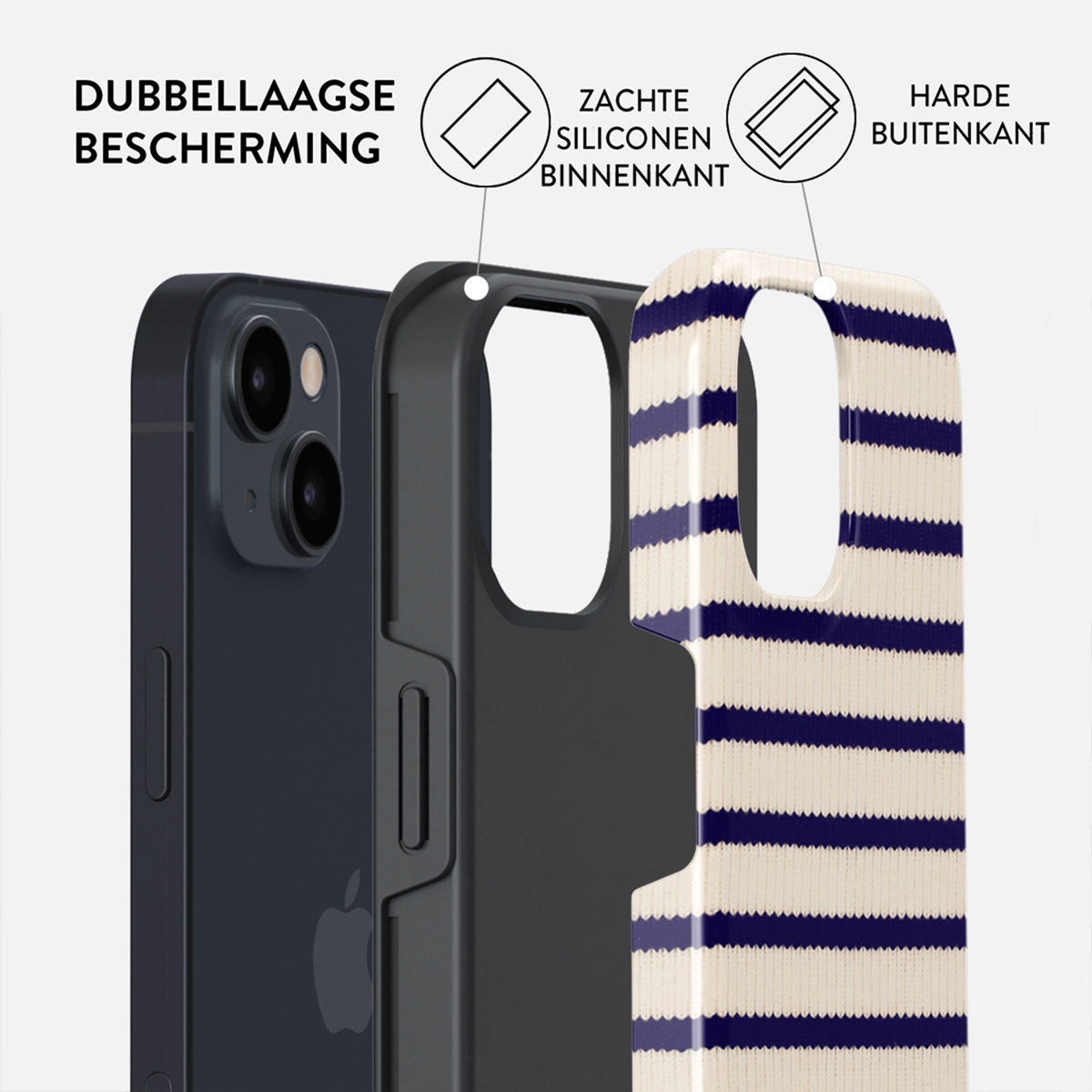 A phone case showing its layers: phone, black layer, and striped cover. Text indicates double layer protection and the materials used.