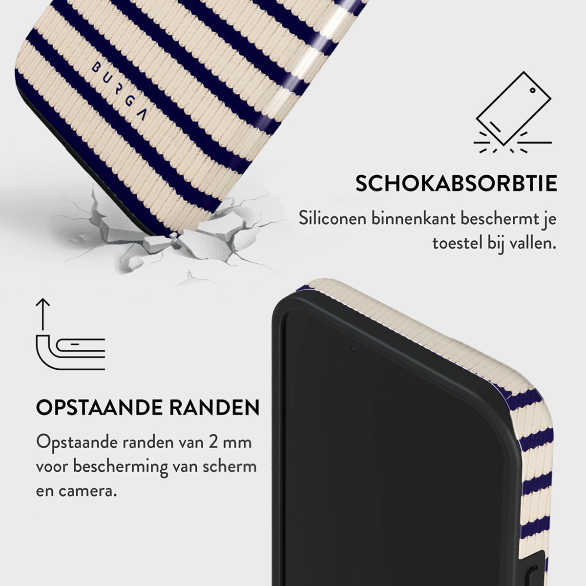 Phone case with navy and cream stripes, cracked surface. Text reads: shock absorption and raised edges for screen/camera protection.