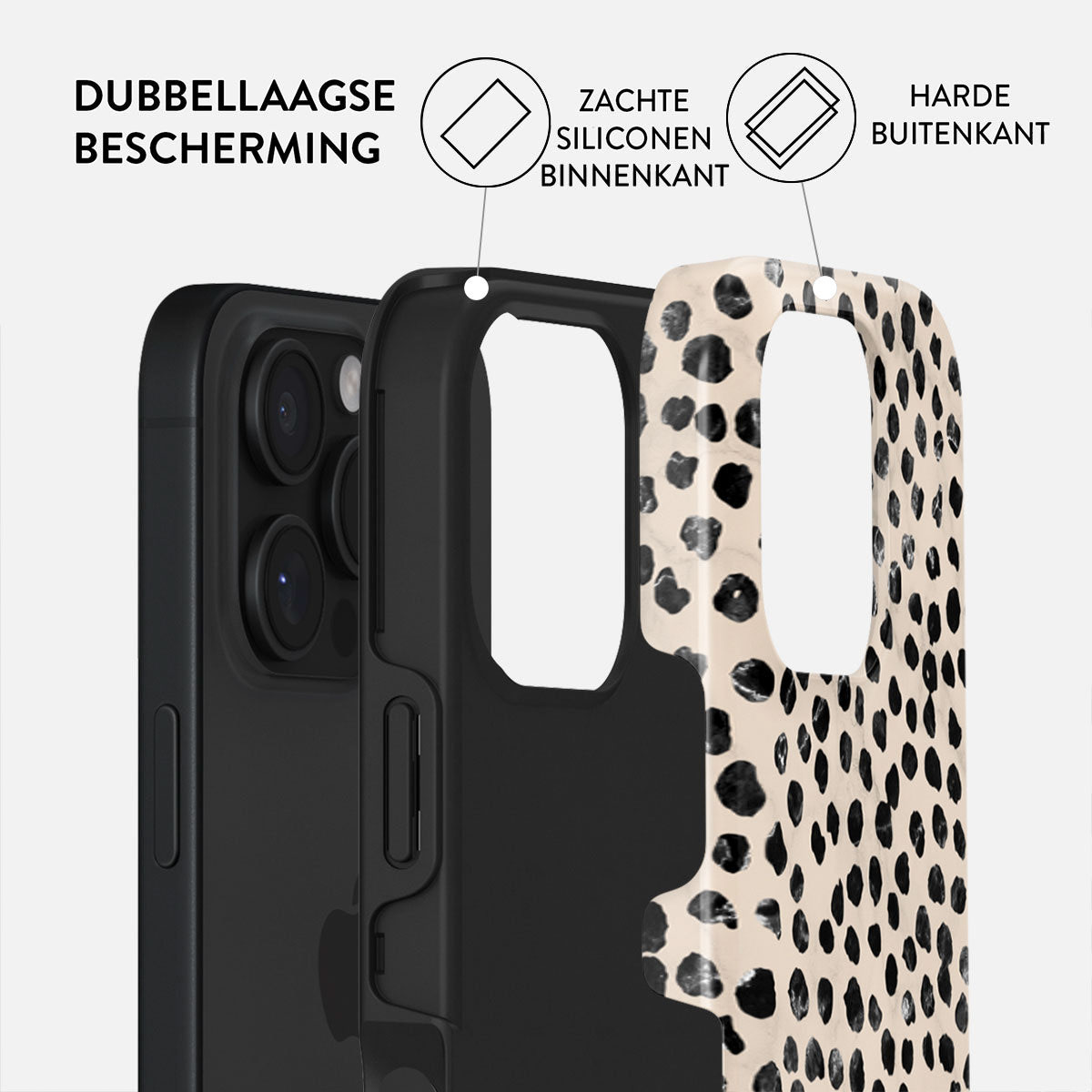 Telefoonhoesje met dubbellaagse bescherming. Stippenpatroon op buitenlaag, zwarte binnenlaag. Tekst geeft zachte siliconen binnenin en harde buitenkant aan.