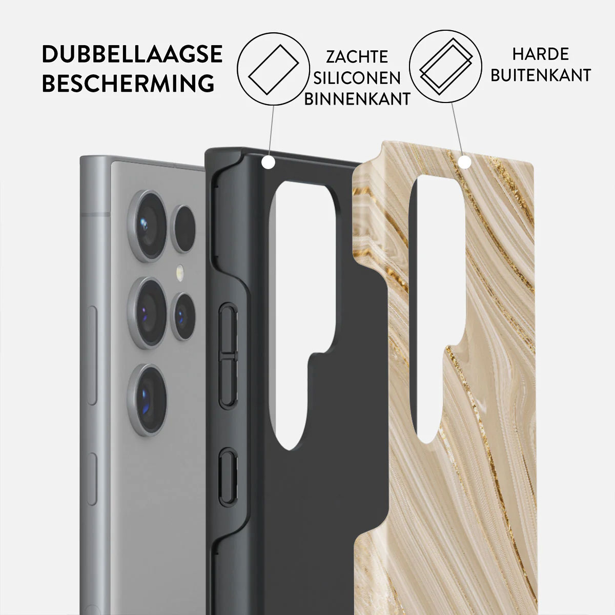 Een telefoonhoesje met een gelaagd ontwerp. De lagen omvatten een telefoon, een zwarte case en een marmerachtig patroon. Labels beschrijven de materialen.