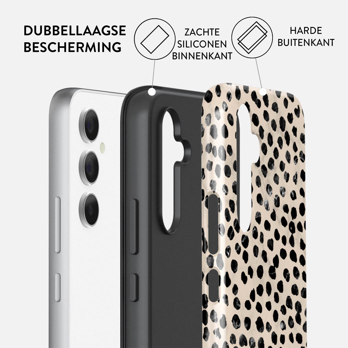 Telefoonhoesje met lagen: telefoon, zwarte hoes en patroon buitenlaag. Tekst: dubbele bescherming, zachte siliconen binnenkant, harde buitenkant.